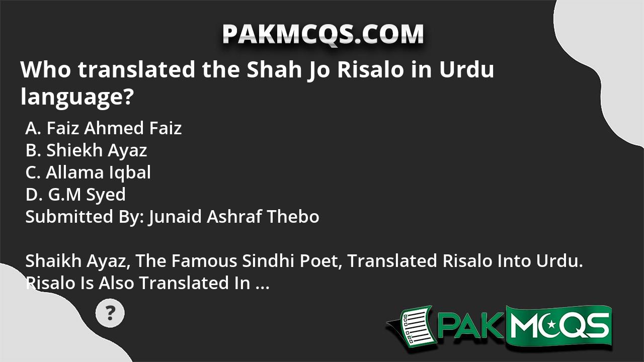 who-translated-the-shah-jo-risalo-in-urdu-language-pakmcqs