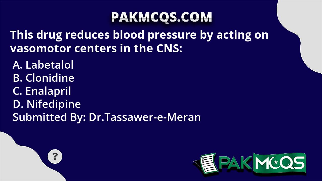 This drug reduces blood pressure by acting on vasomotor centers in the